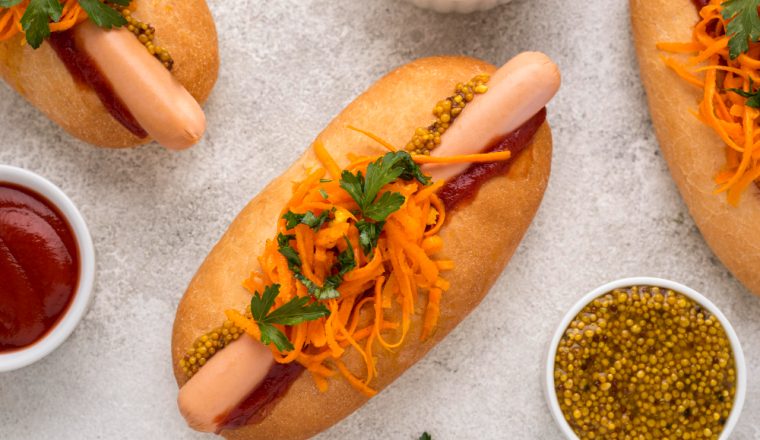 Hotdog met grove mosterd en een frisse wortelsalade